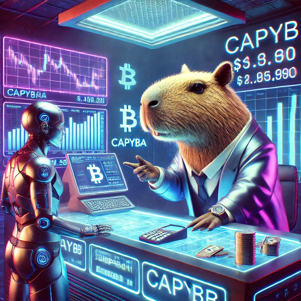 DALL·E 2025-03-29 12.16.11 - A futuristic digital marketplace where a cyberpunk-style capybara is acting as a shopkeeper, selling CAPYB cryptocurrency to a human customer for a sm