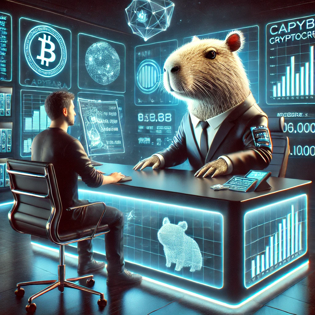 DALL·E 2025-03-29 12.18.37 - A futuristic digital office where a cyberpunk-style capybara is sitting behind a sleek, high-tech desk, selling CAPYB cryptocurrency to a human custom